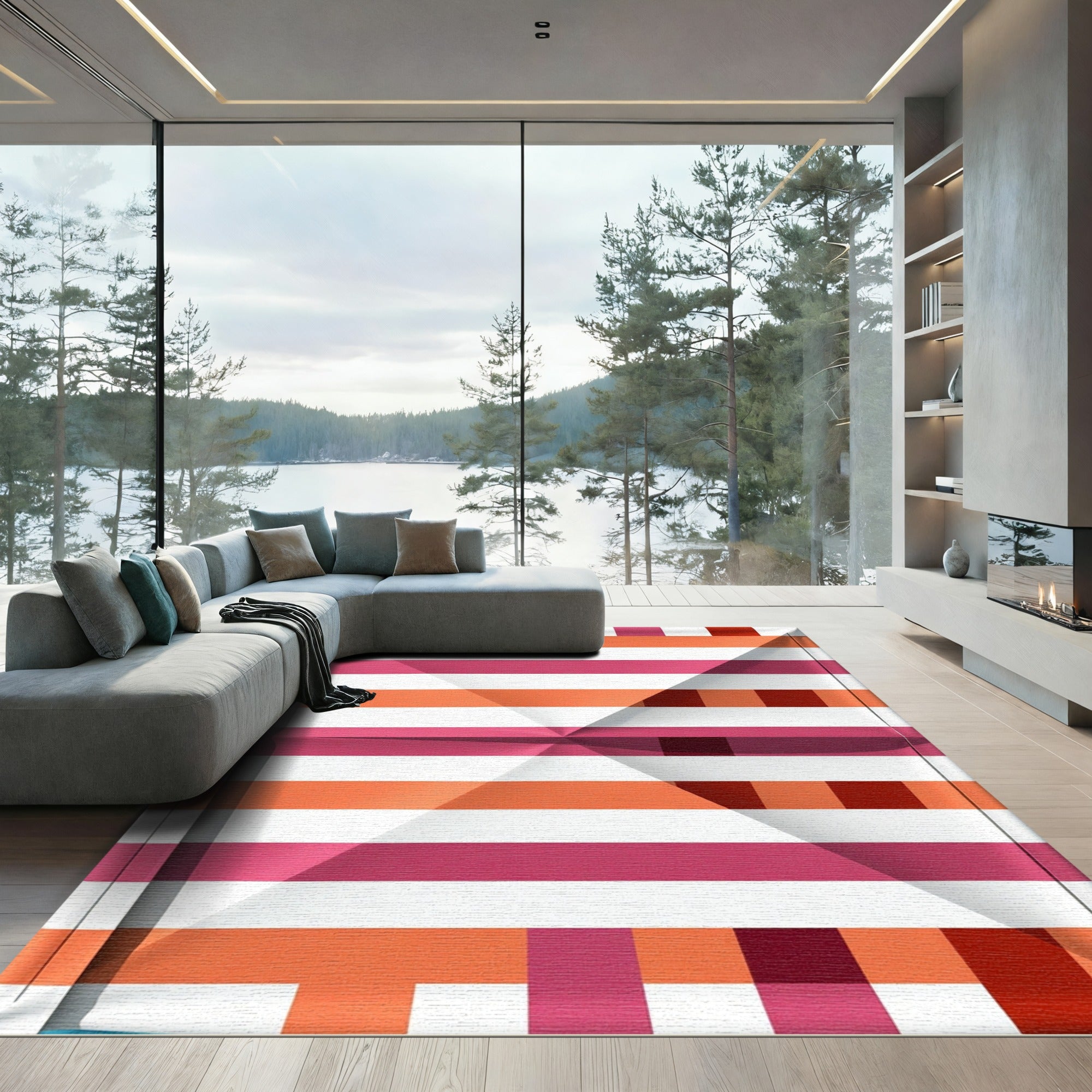 Crimson Orange White Stripe Accordion Rug