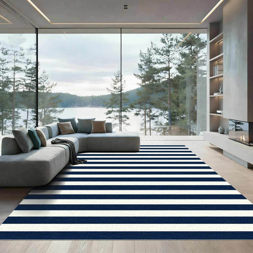 Deep Blue White Parallel Lines Rug