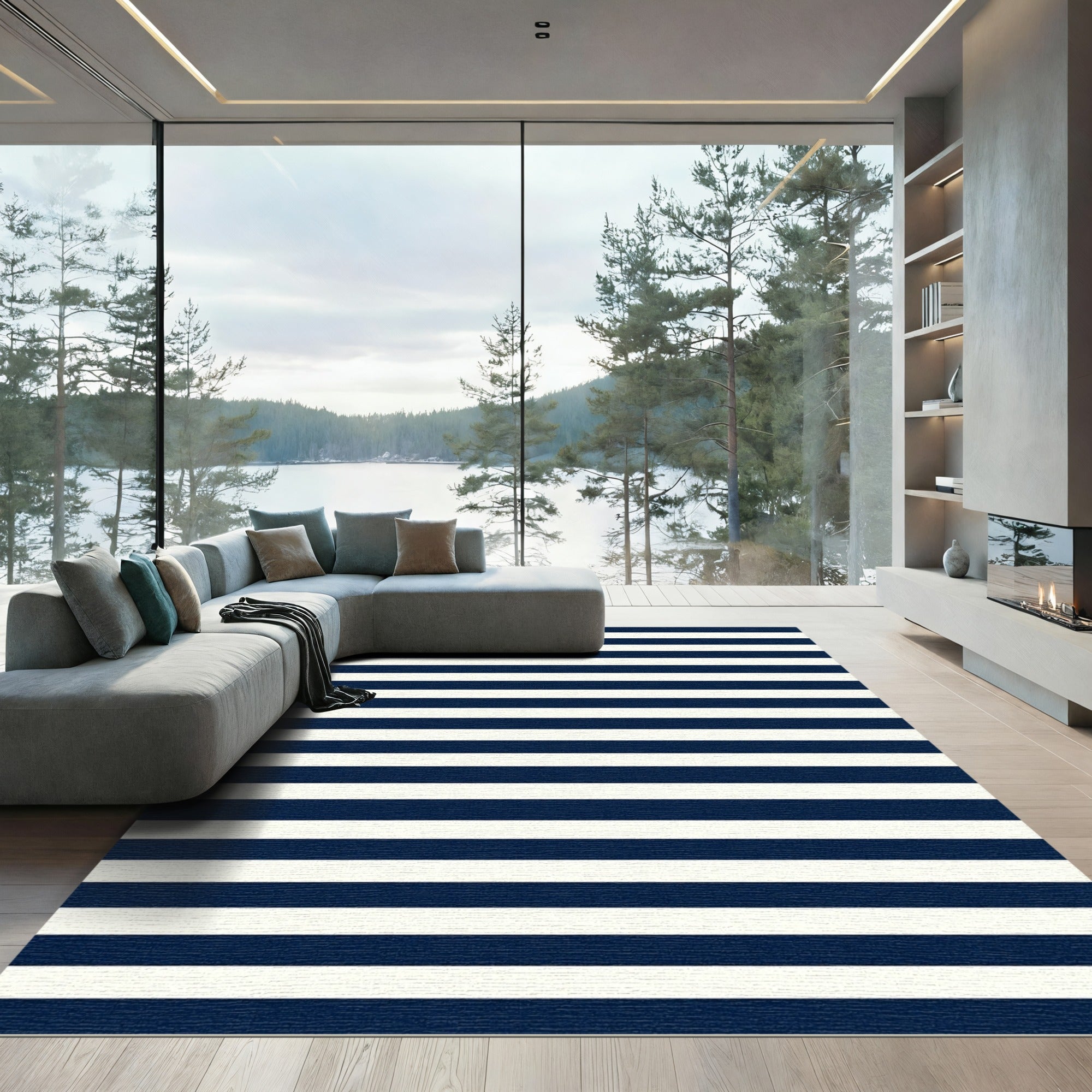 Deep Blue White Parallel Lines Rug