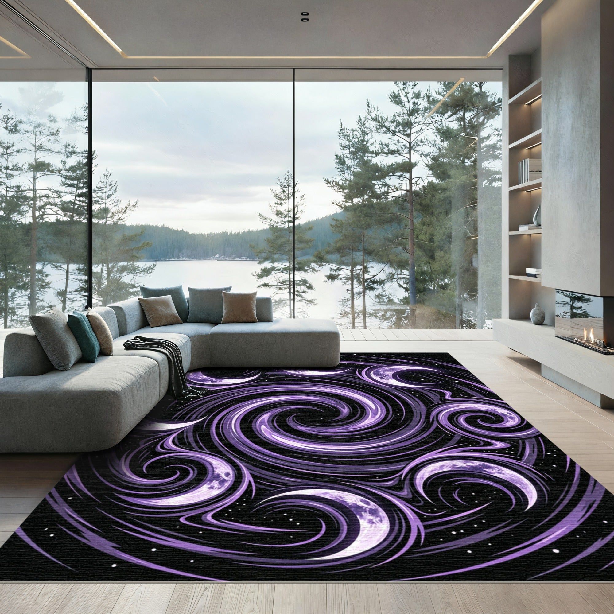 Celestial Crescent Moon Violet Swirl Rug