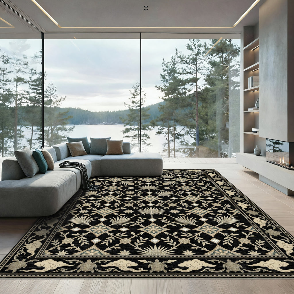 Elegant Black Cream Floral Turtle Border Rug
