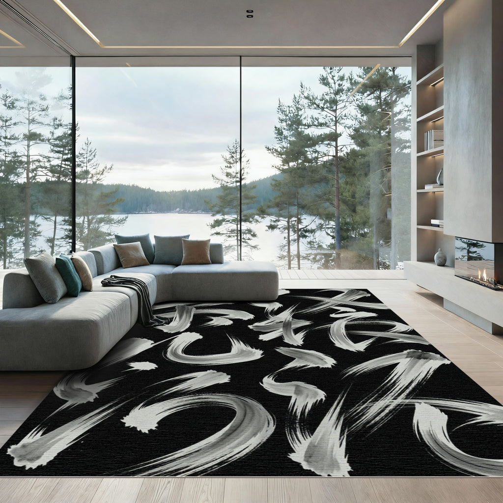 Monochrome Abstract Ink Brush Stroke Rug