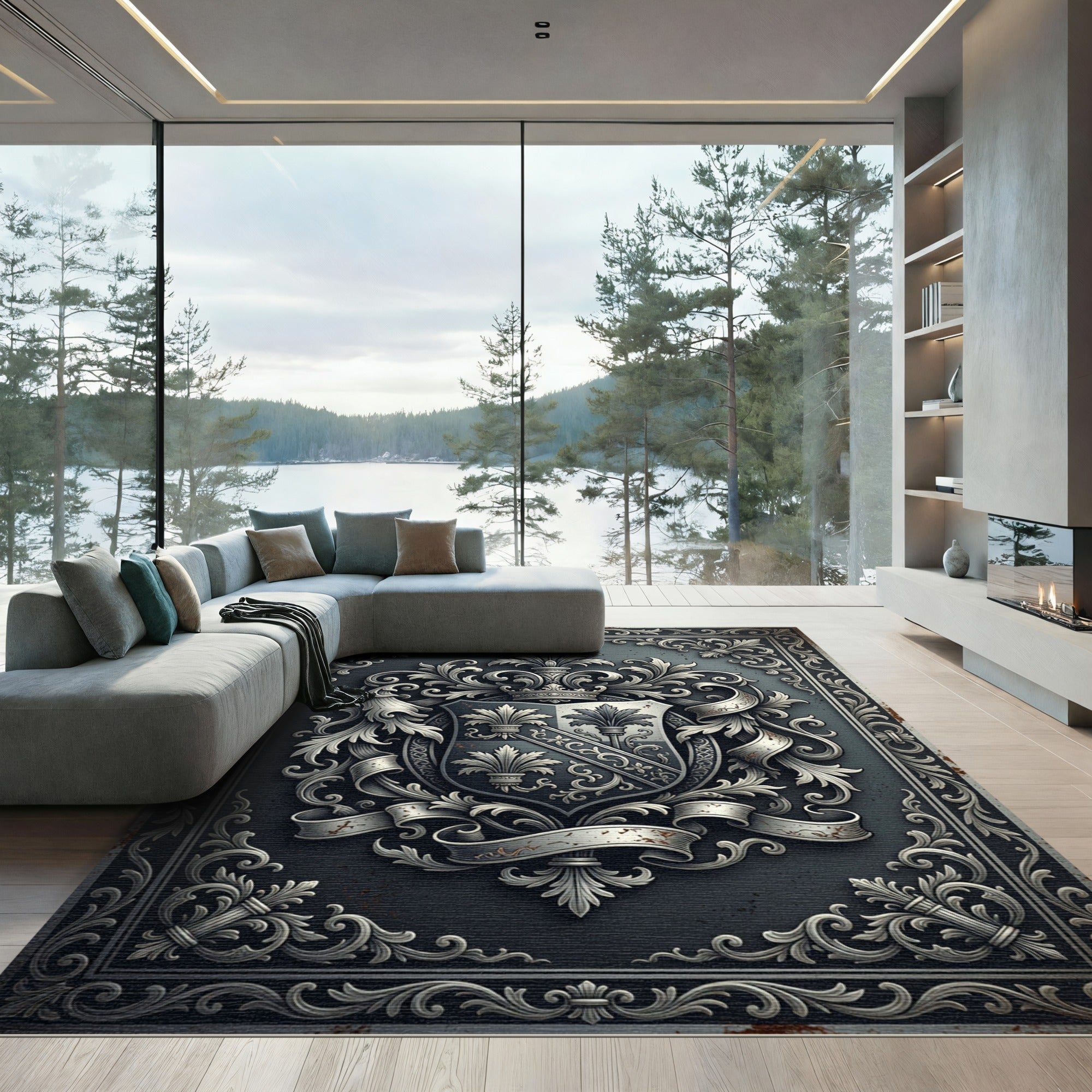 Ornate Silver Gothic Heraldic Crest Rug