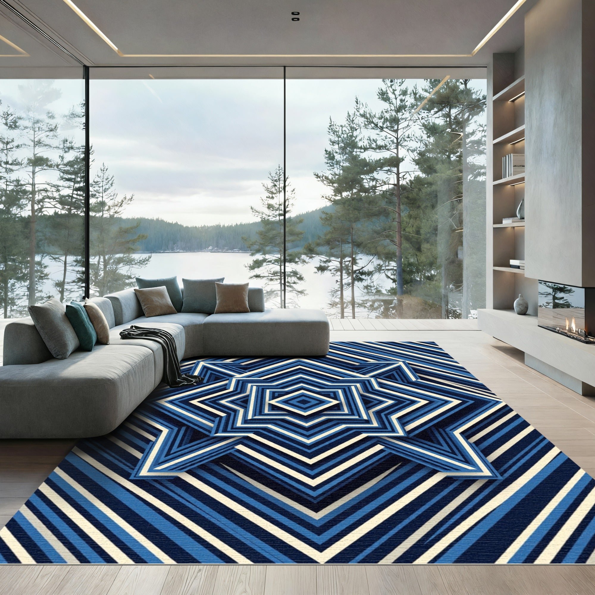 Geometric Navy Blue Star Layered Rug