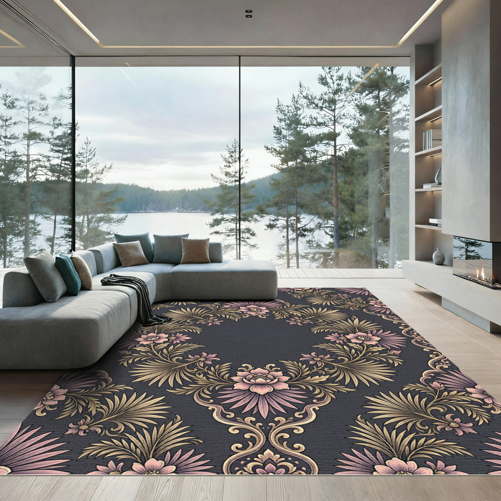 Dusty Rose Floral Scrollwork Oval Rug