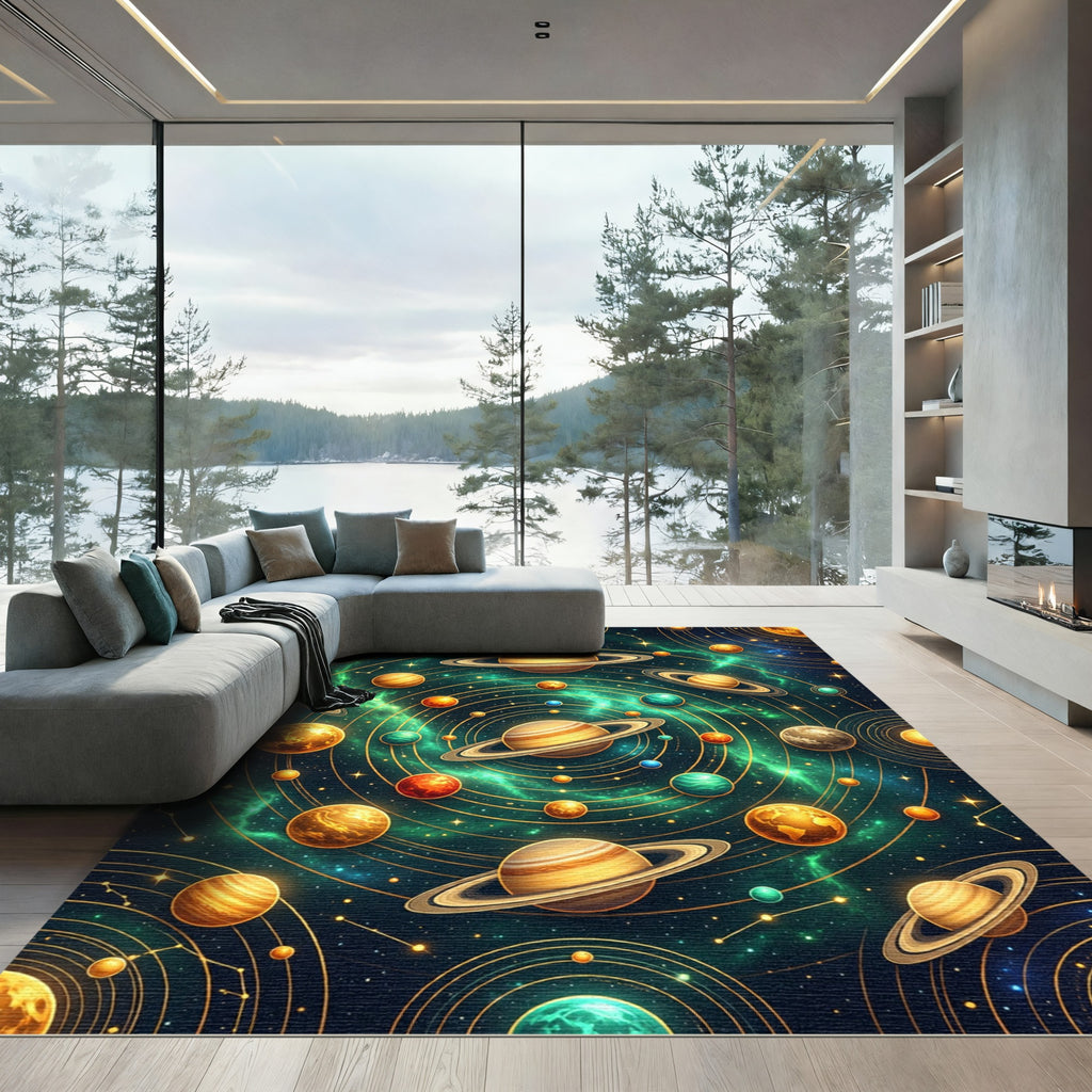 Celestial Orbits Golden Solar System Rug