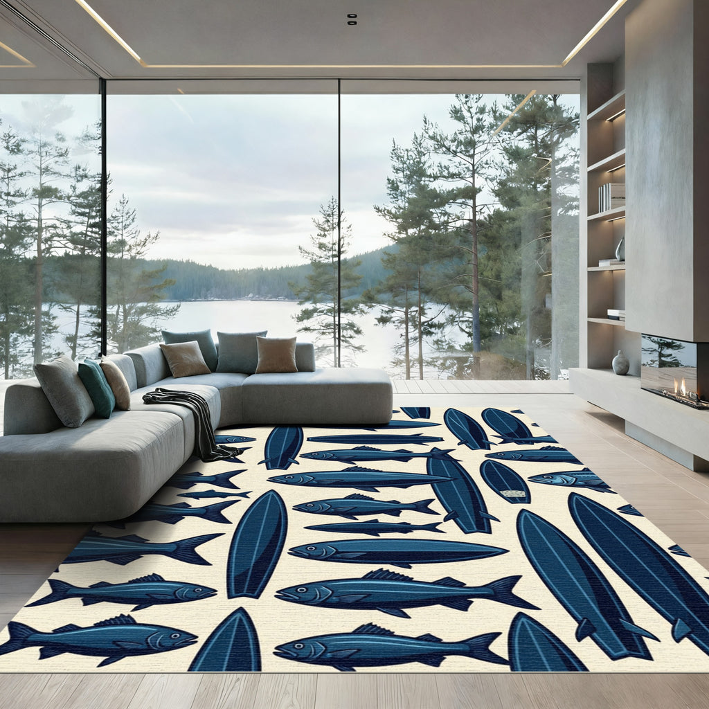 Navy Blue Nautical Fish Surfboard Art Rug