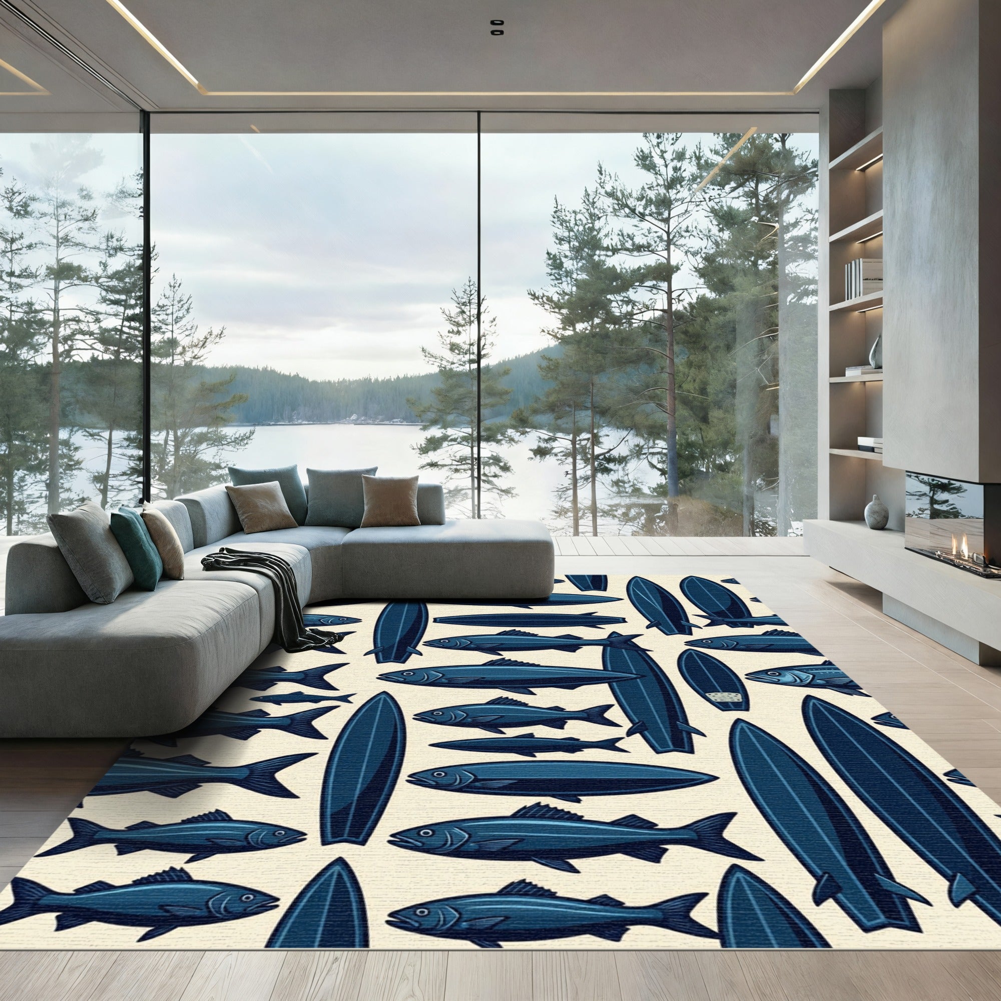 Navy Blue Nautical Fish Surfboard Art Rug