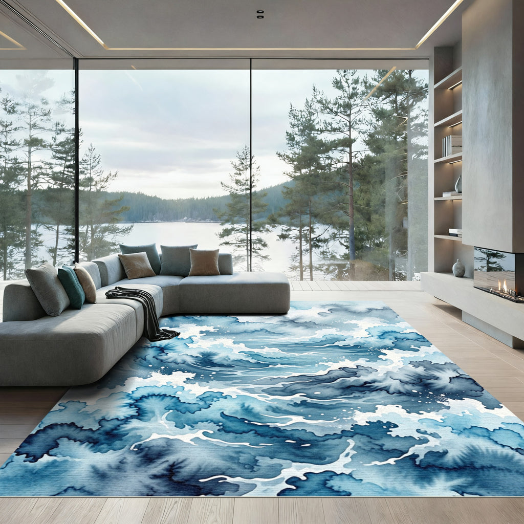 Abstract Watercolor Ocean Wave Currents Rug