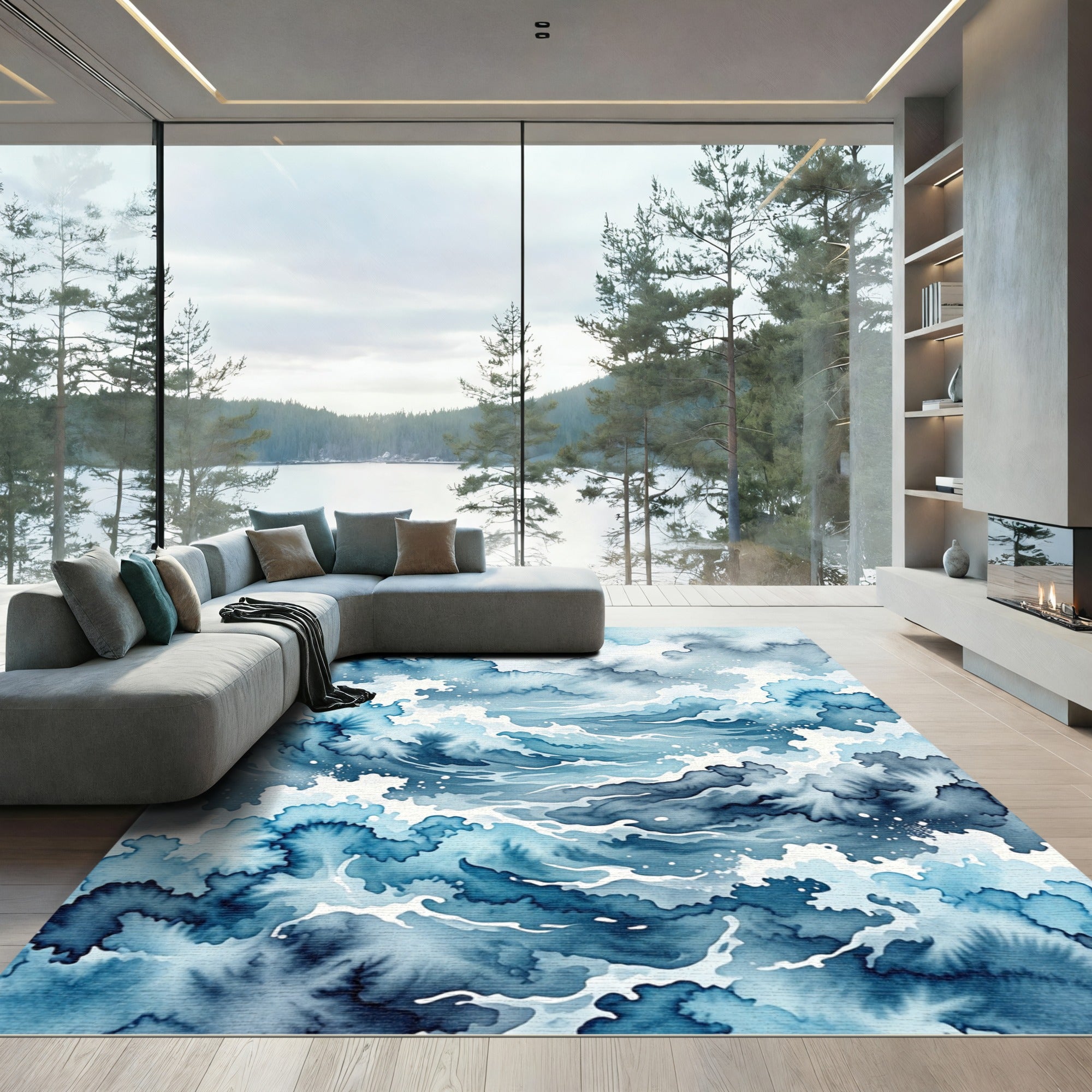 Abstract Watercolor Ocean Wave Currents Rug