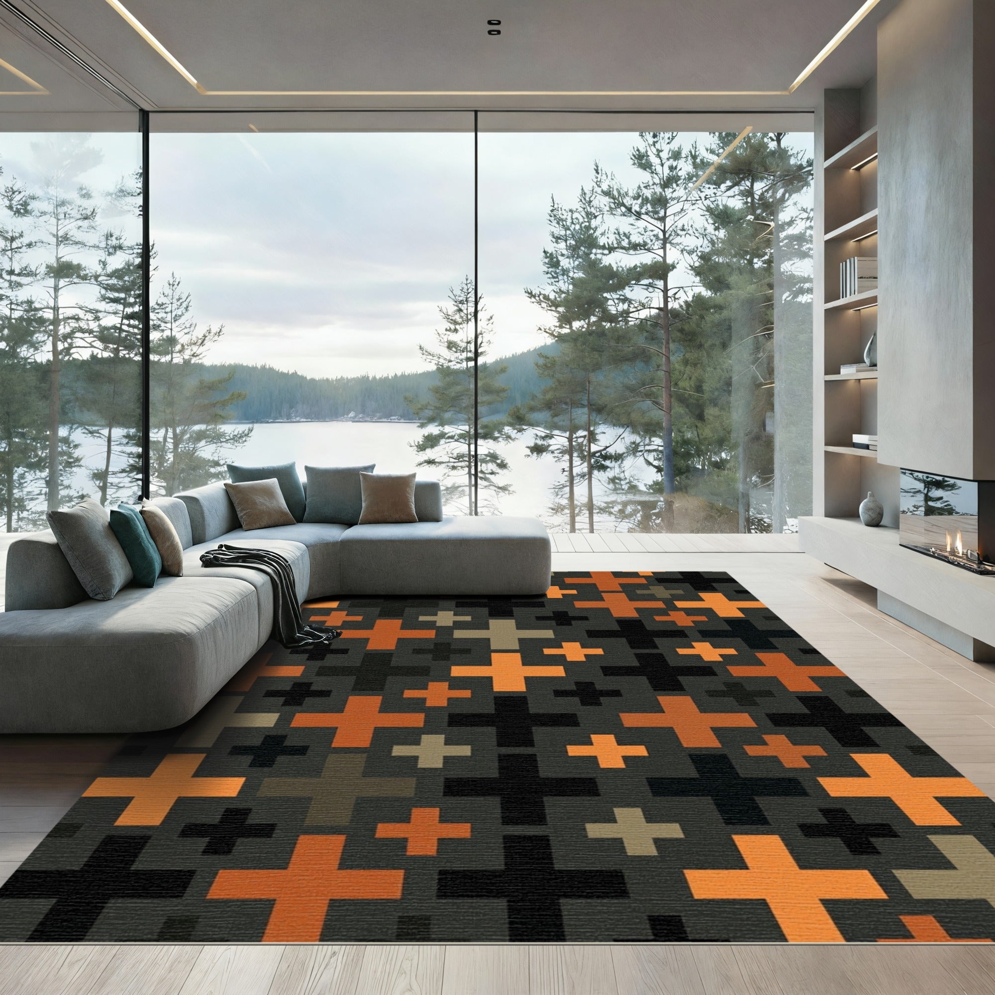 Bold Geometric Cross Grid Earthy Tones Rug