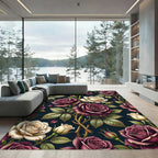 Deep Burgundy Cream Rose Garden Rug