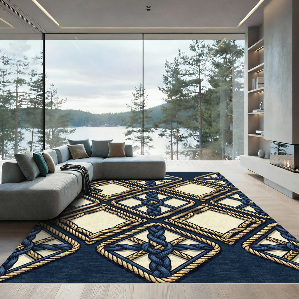 Nautical Blue Tan Braided Diamond Rug