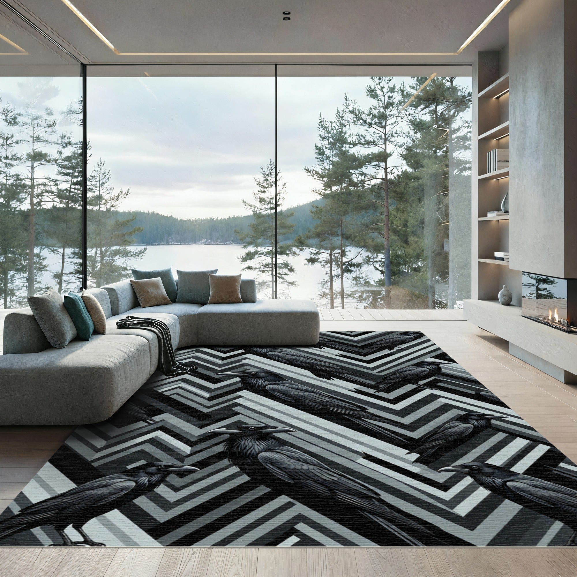 Gothic Raven Monochrome Geometric Chevron Rug