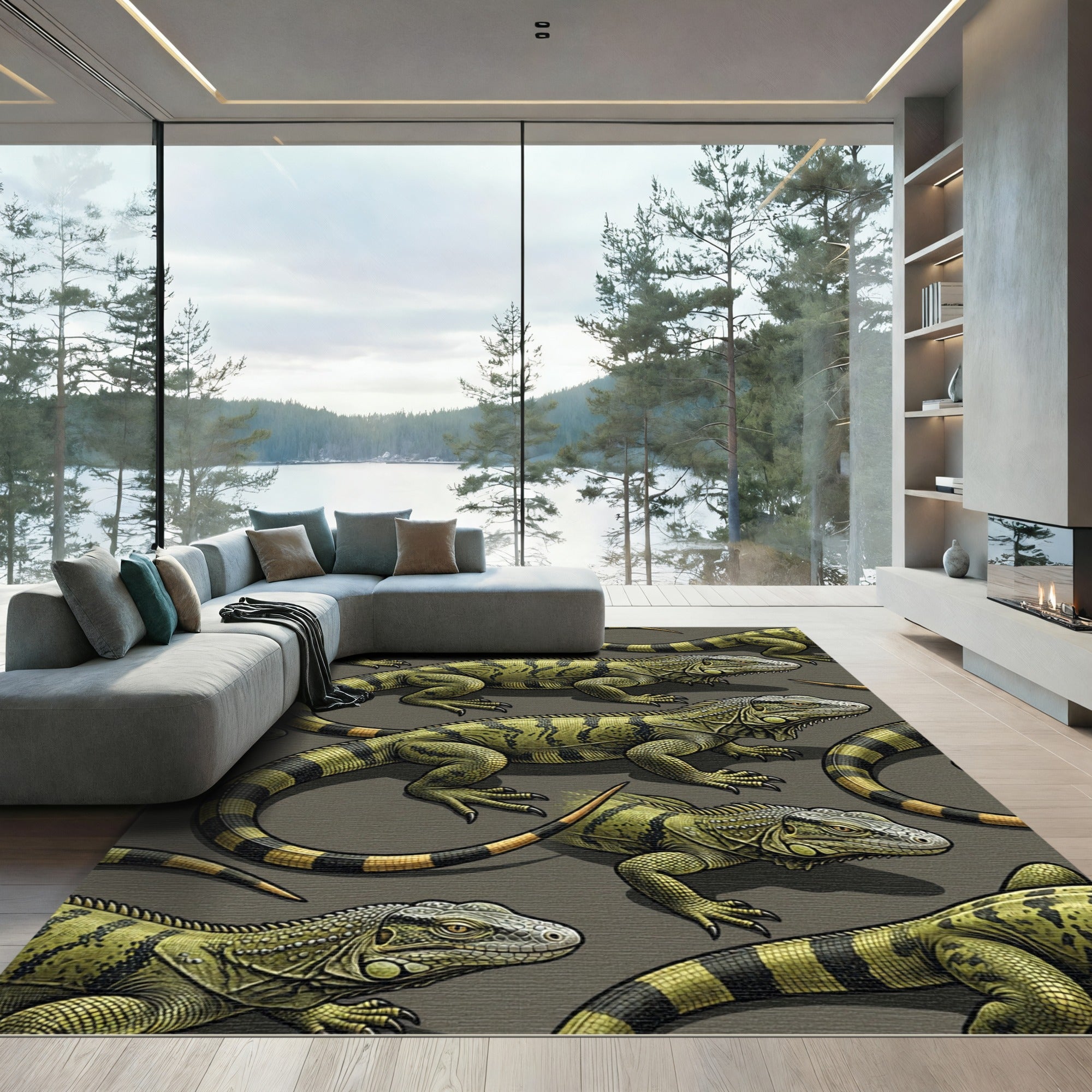 Vibrant Green Iguana Reptile Illustration Rug