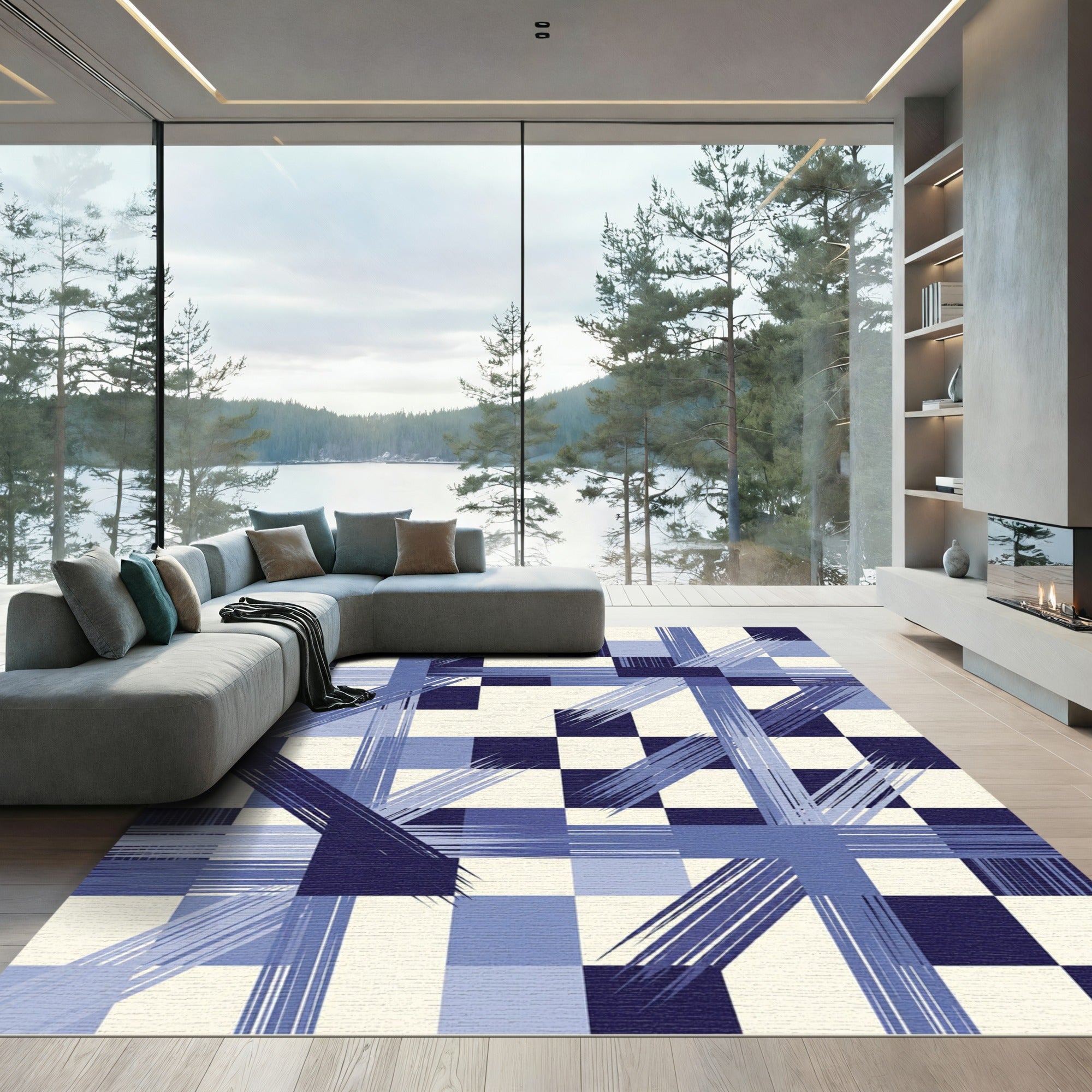 Modern Navy Blue Geometric Ink Grid Rug