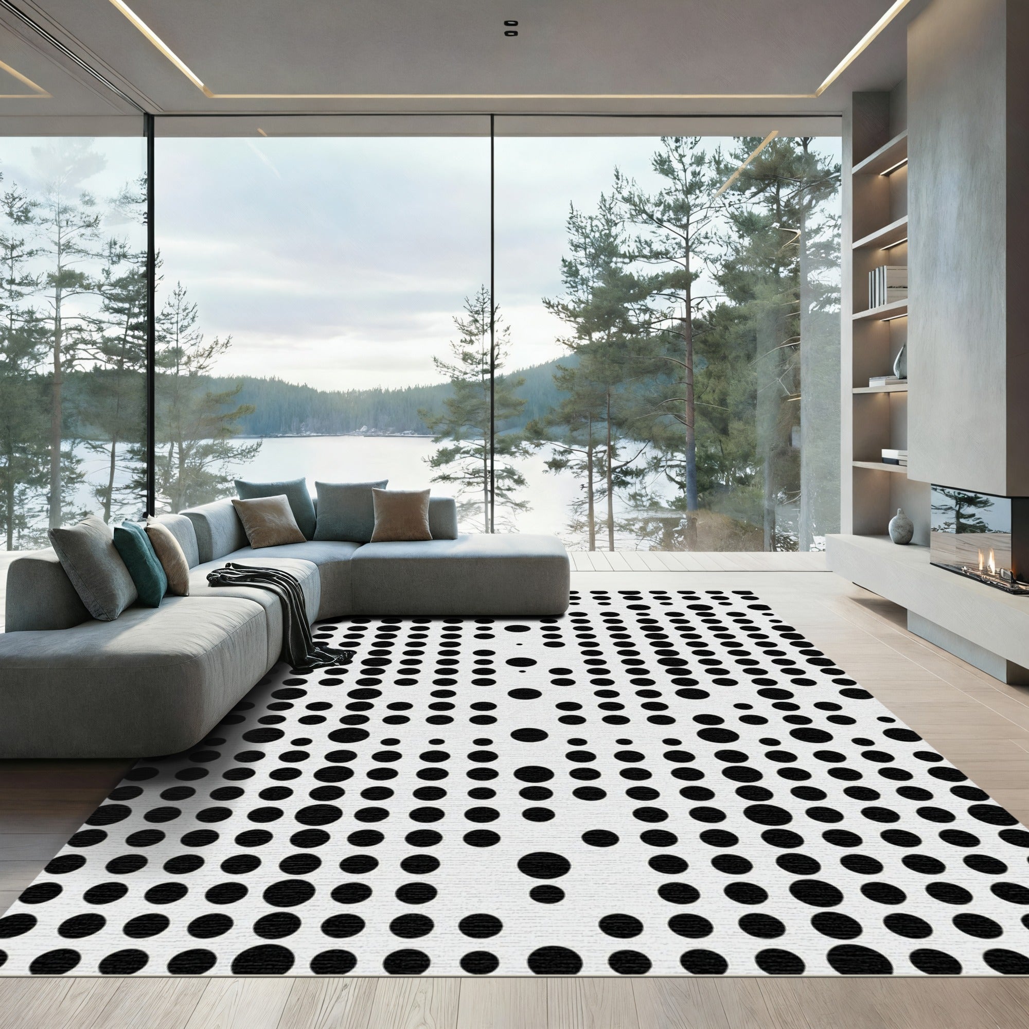 Black White Polka Dot Grid Rug