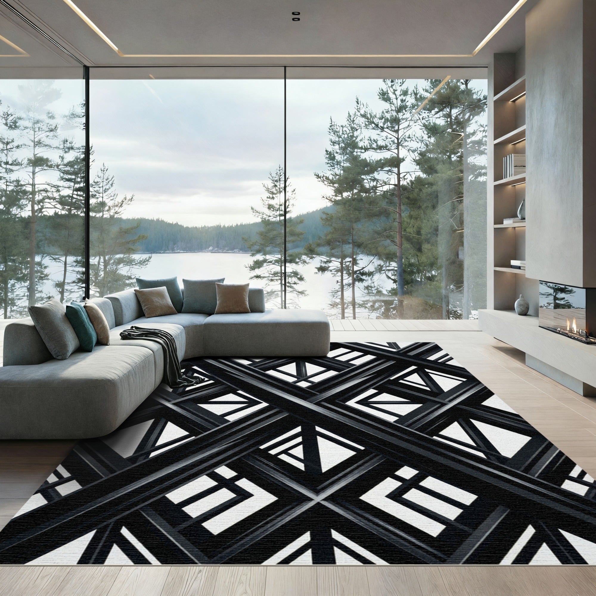 Modern Black and White Geometric Lattice Rug