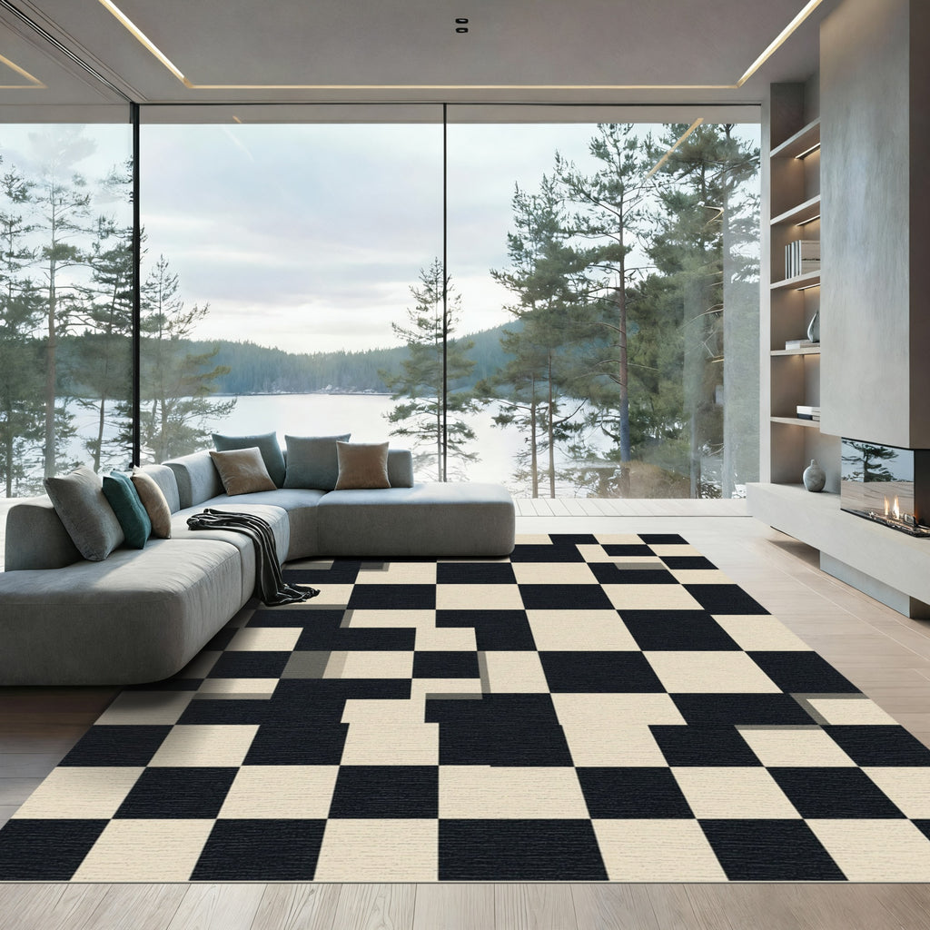 Modern Black and Cream Checkerboard Grid Rug