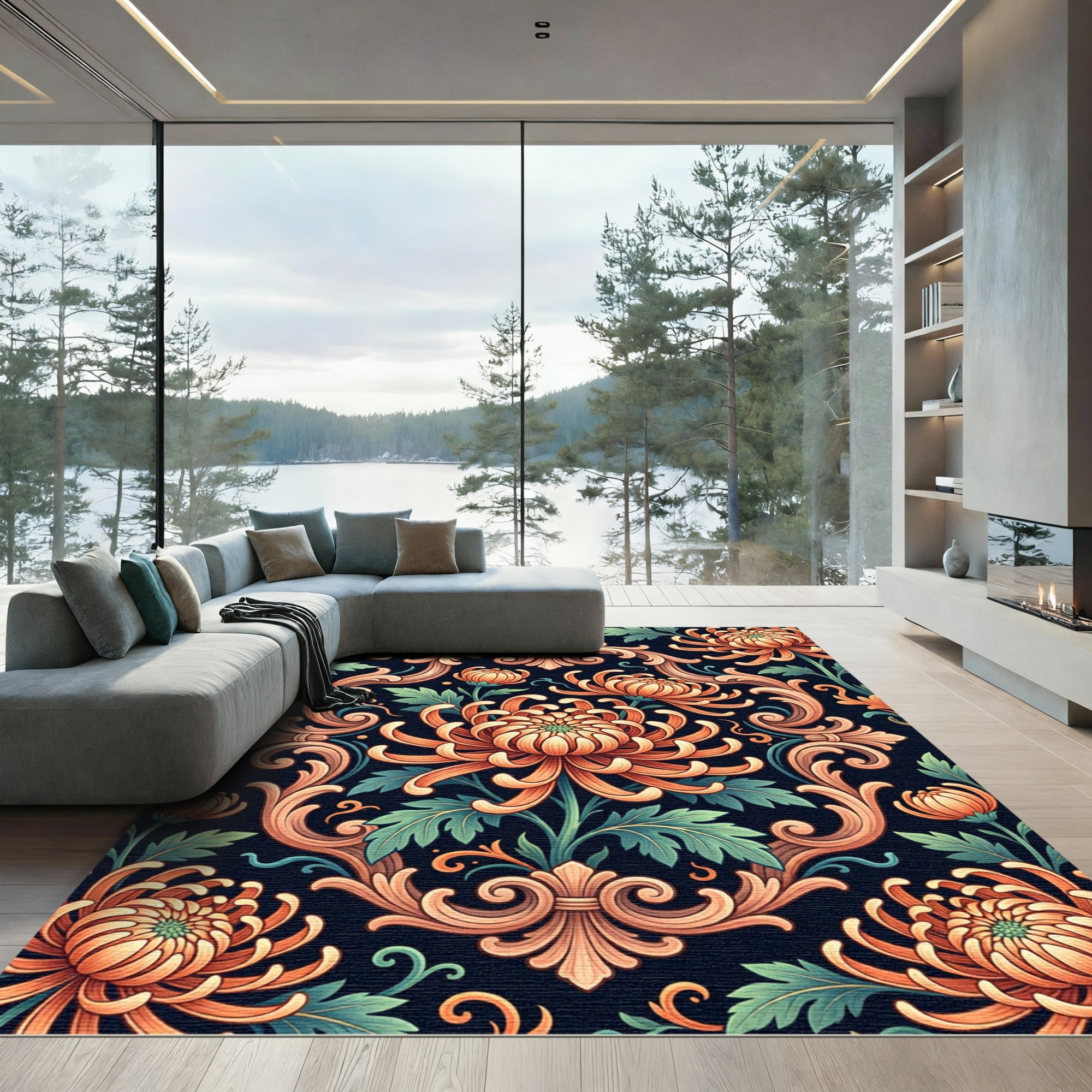 Elegant Peach Chrysanthemum Baroque Scroll Rug