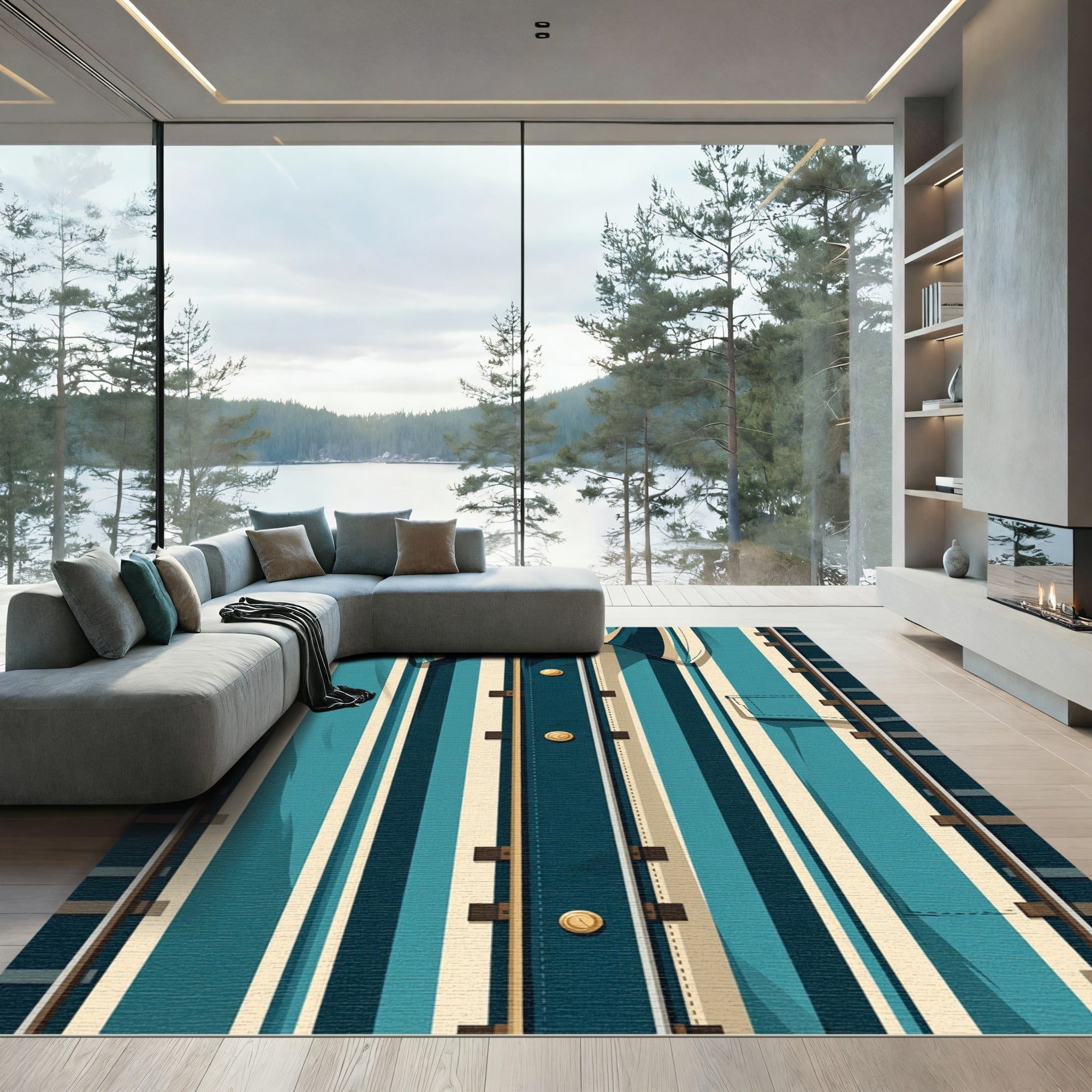 Teal Vertical Railway Stripe Abstract Art Rug