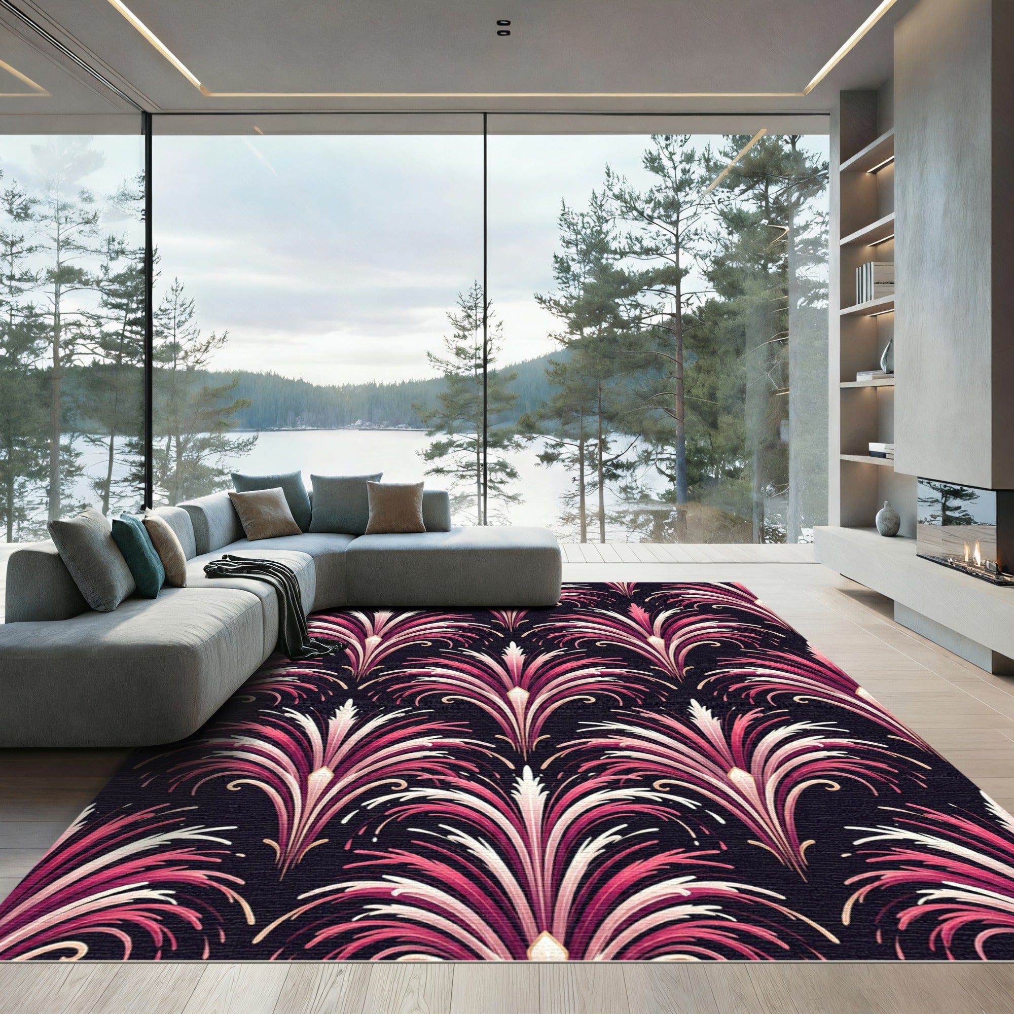Art Deco Pink Fan Plume Wallpaper Rug