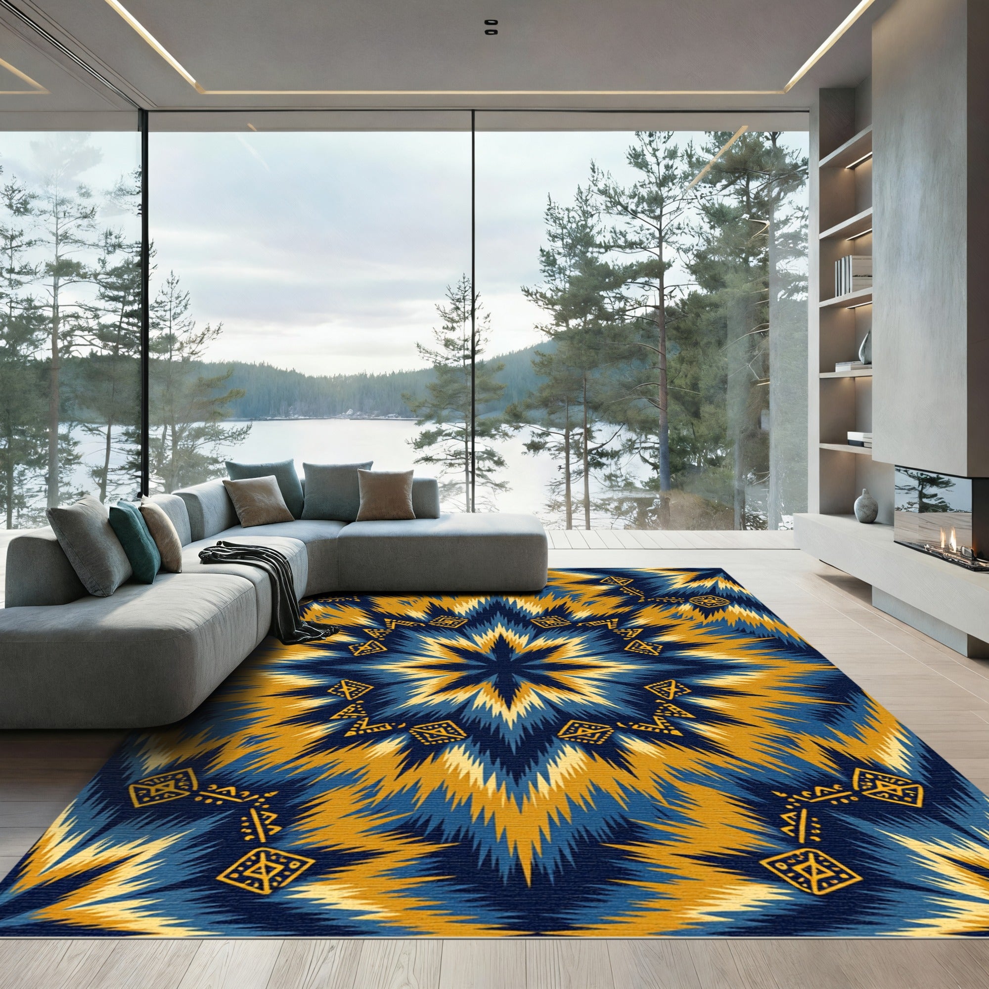 Bold Blue Yellow Tribal Sunburst Rug