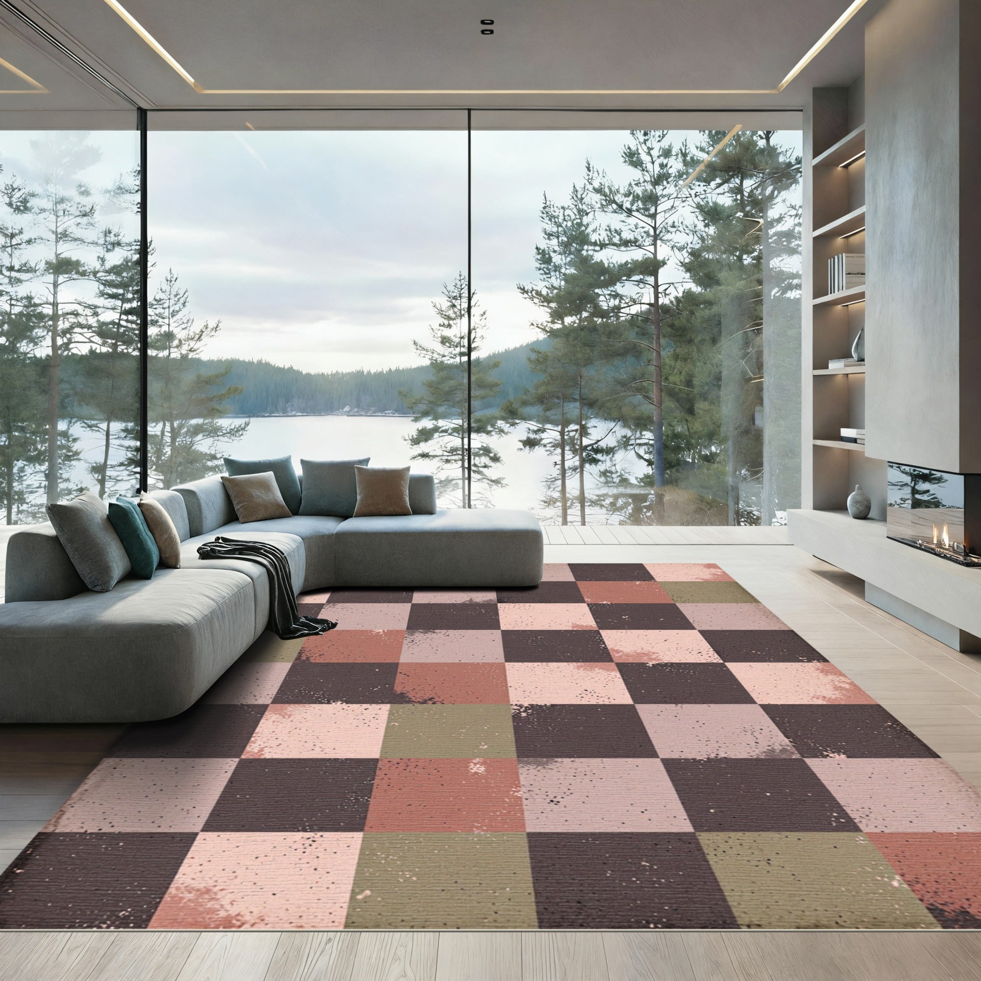 Terracotta Brown Subtle Splatter Check Rug
