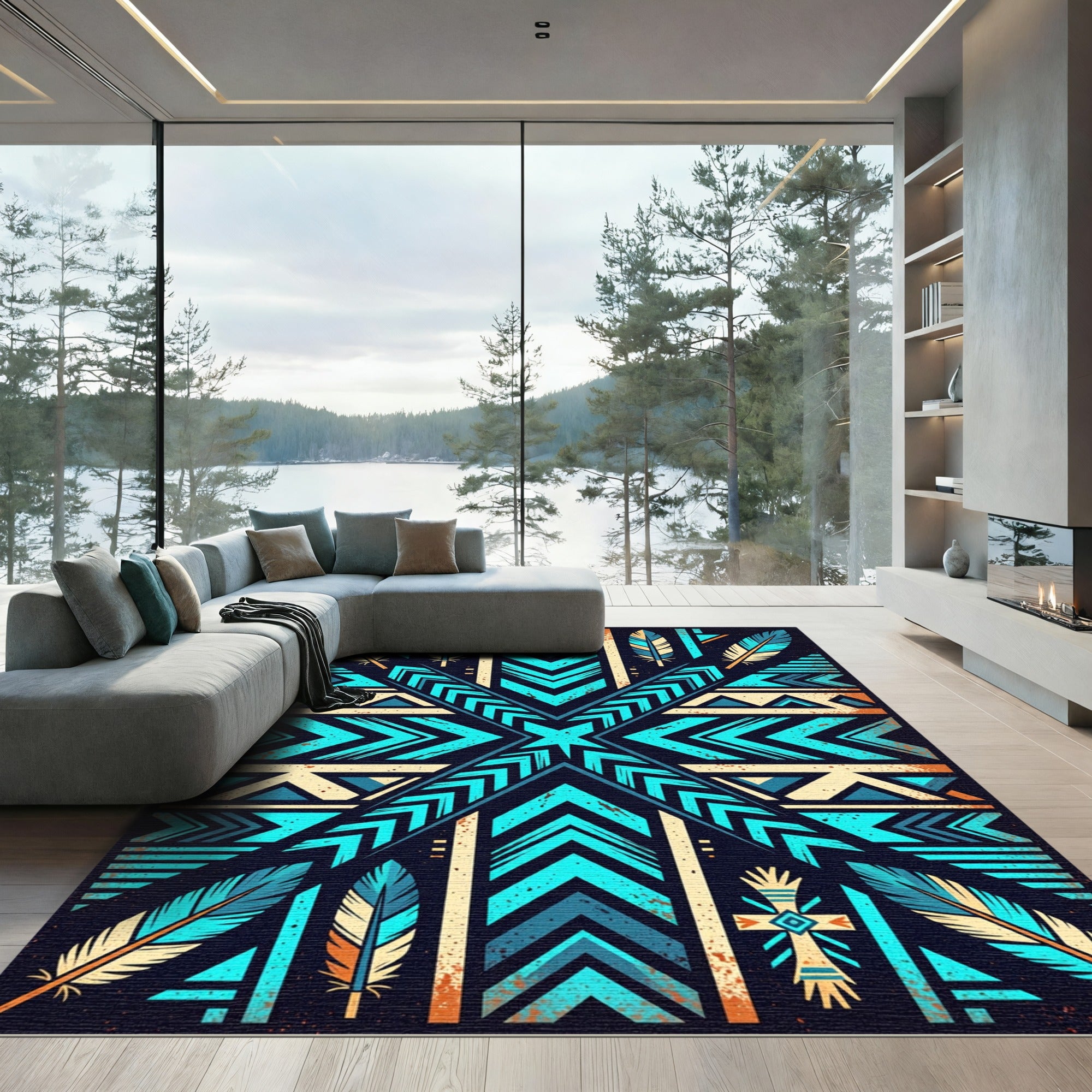 Teal Feather Geometric Southwestern Rug