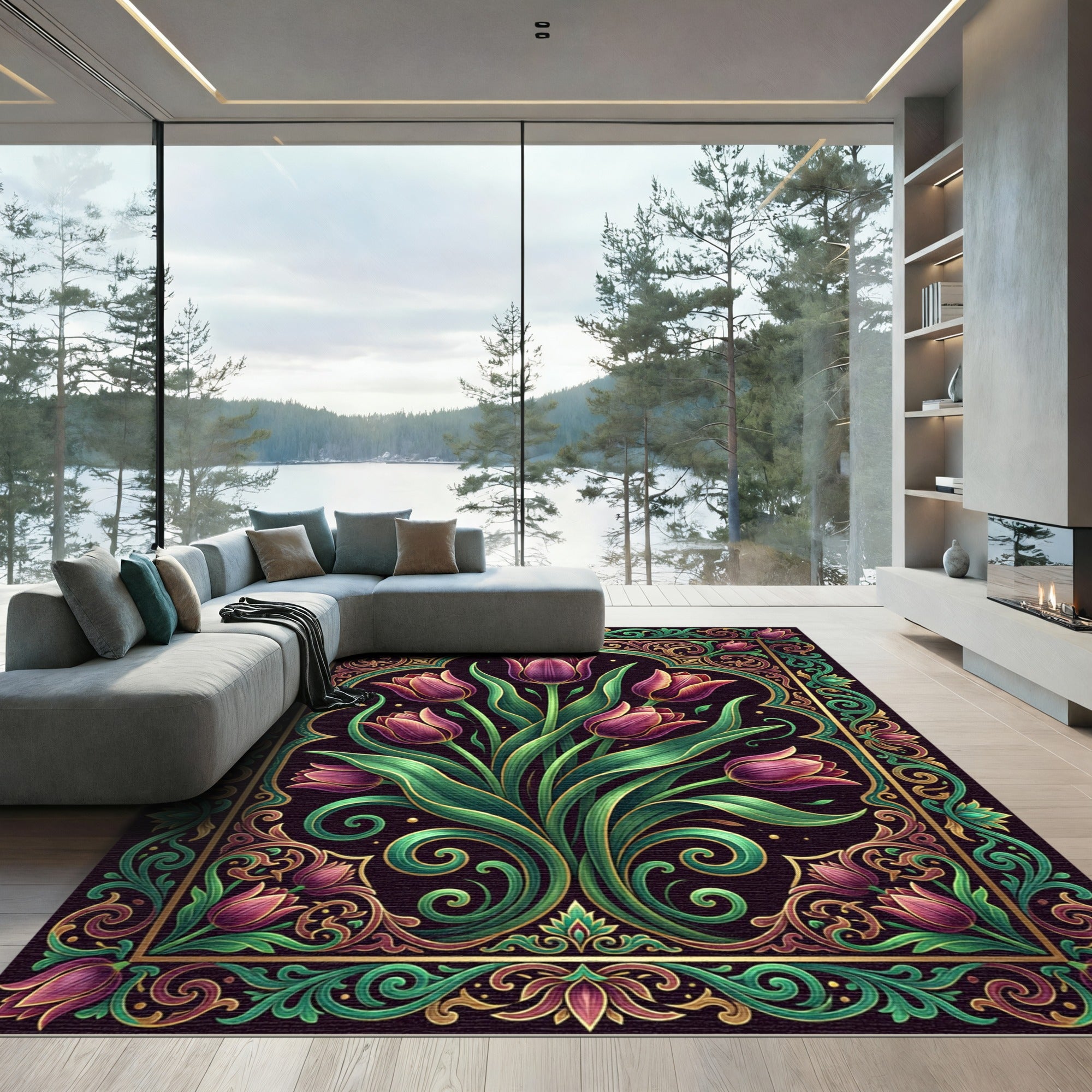 Elegant Royal Purple Tulip Floral Bouquet Rug