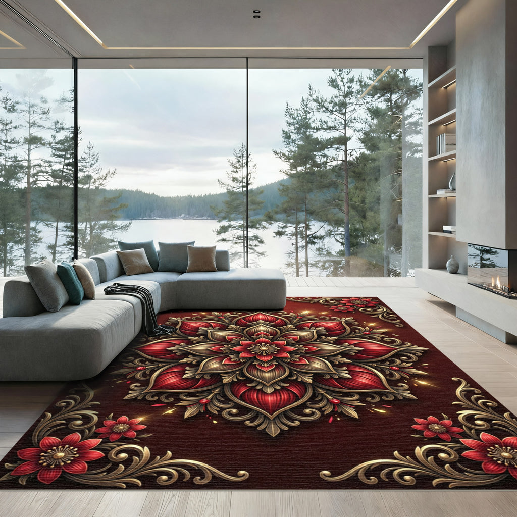 Crimson Gold Floral Medallion Opulence Rug