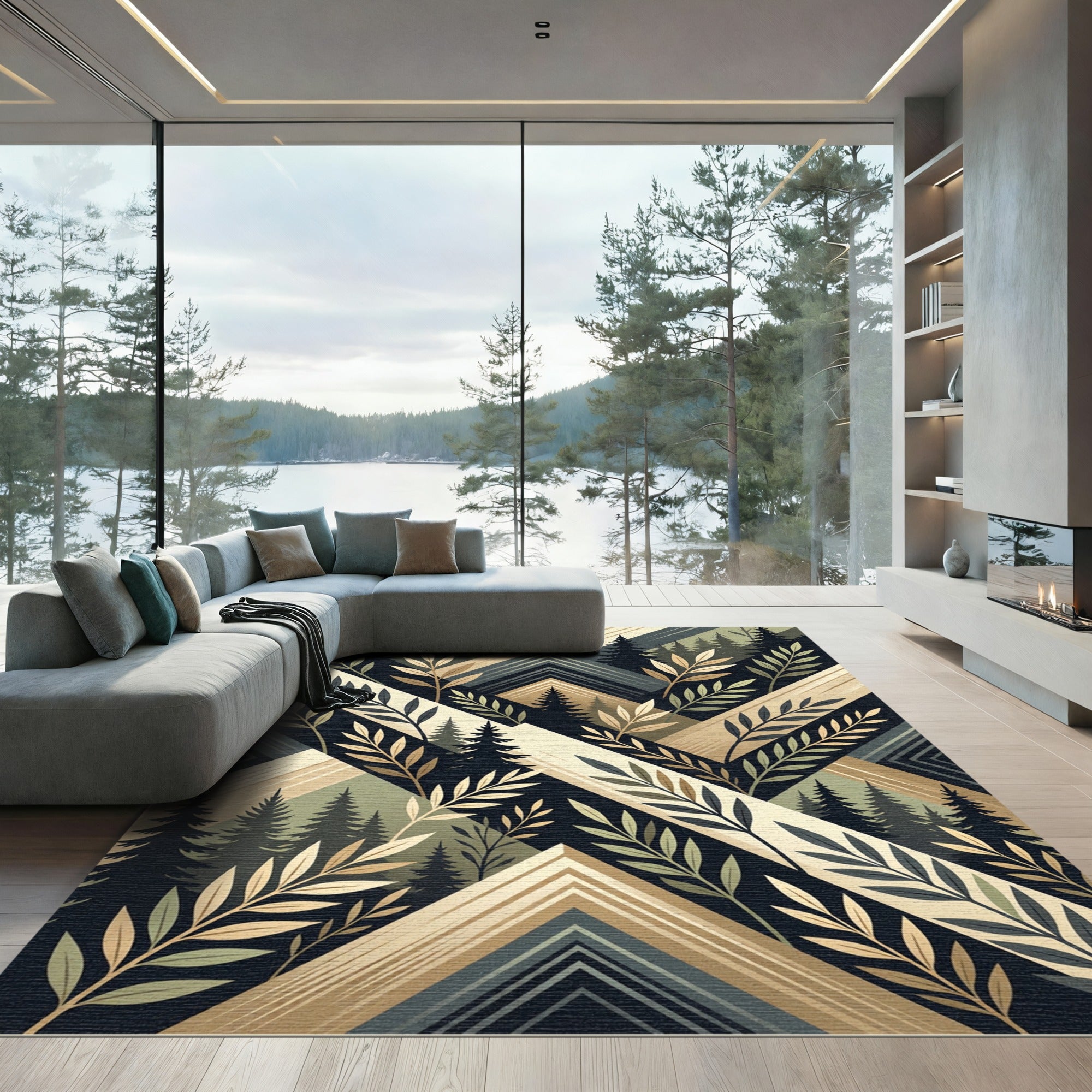 Geometric Forest Woodland Botanical Beige Rug