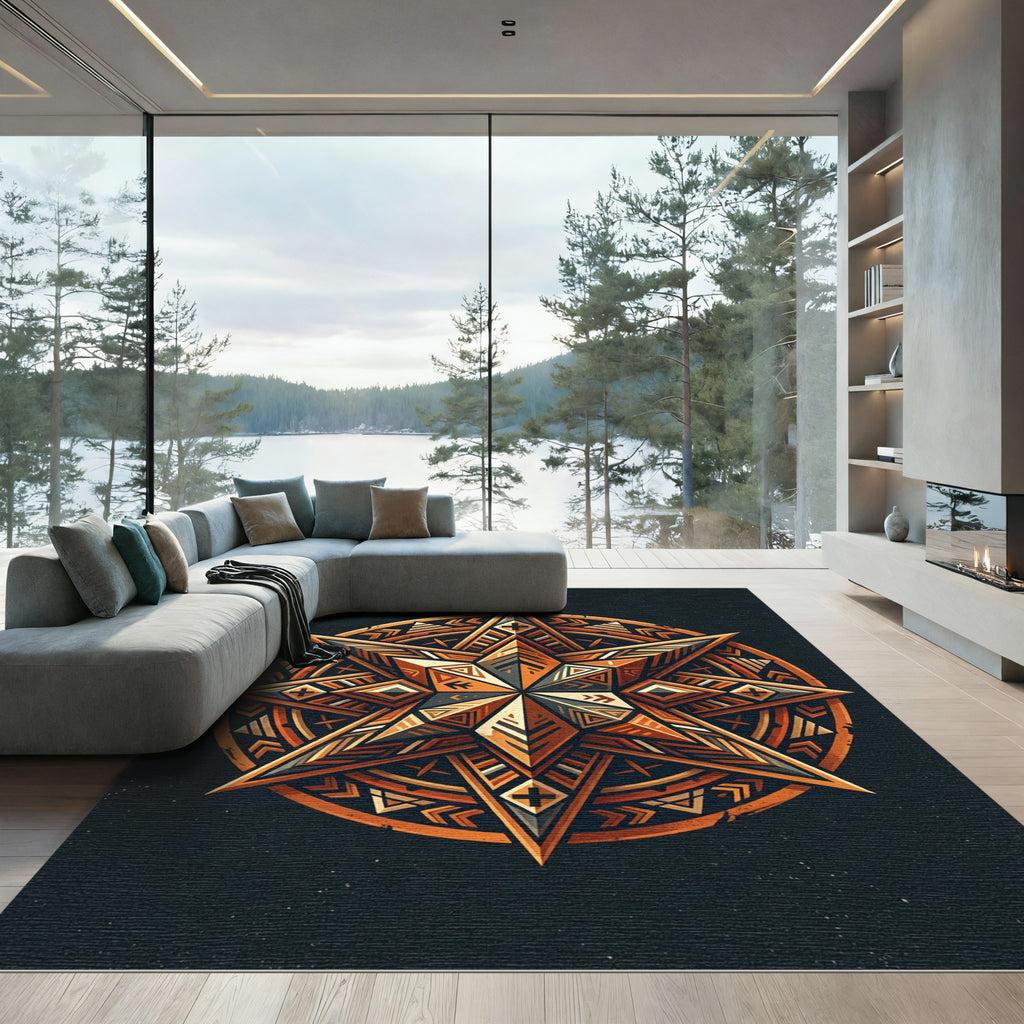 Geometric Ochre Starburst Sacred Mandala Rug