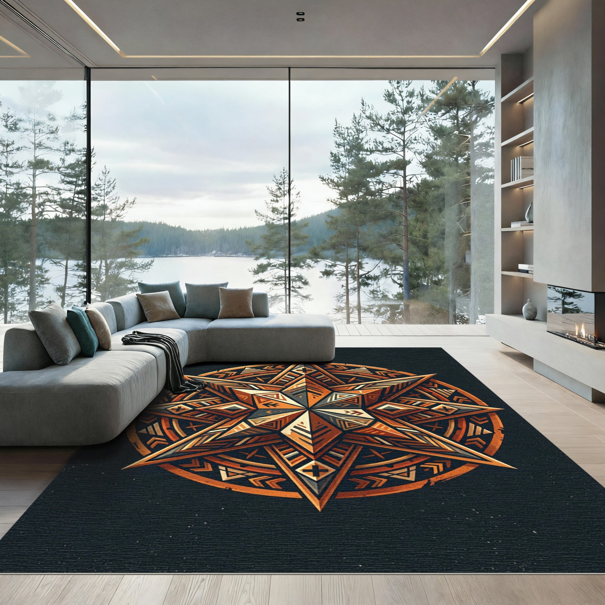 Geometric Ochre Starburst Sacred Mandala Rug