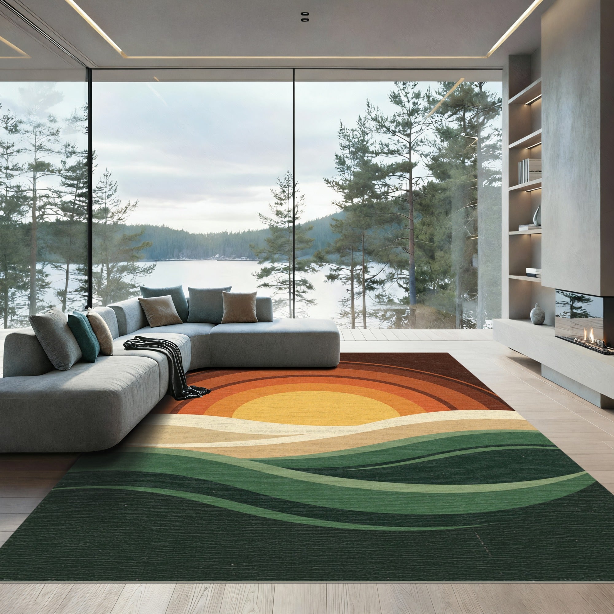 Retro Sunset Earthy Wave Landscape Rug