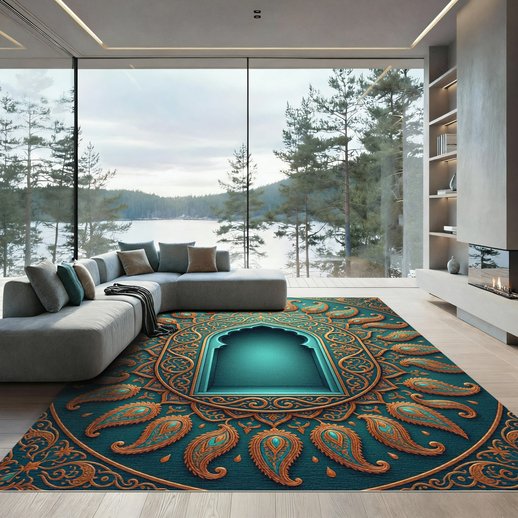 Teal Golden Paisley Arched Frame Rug