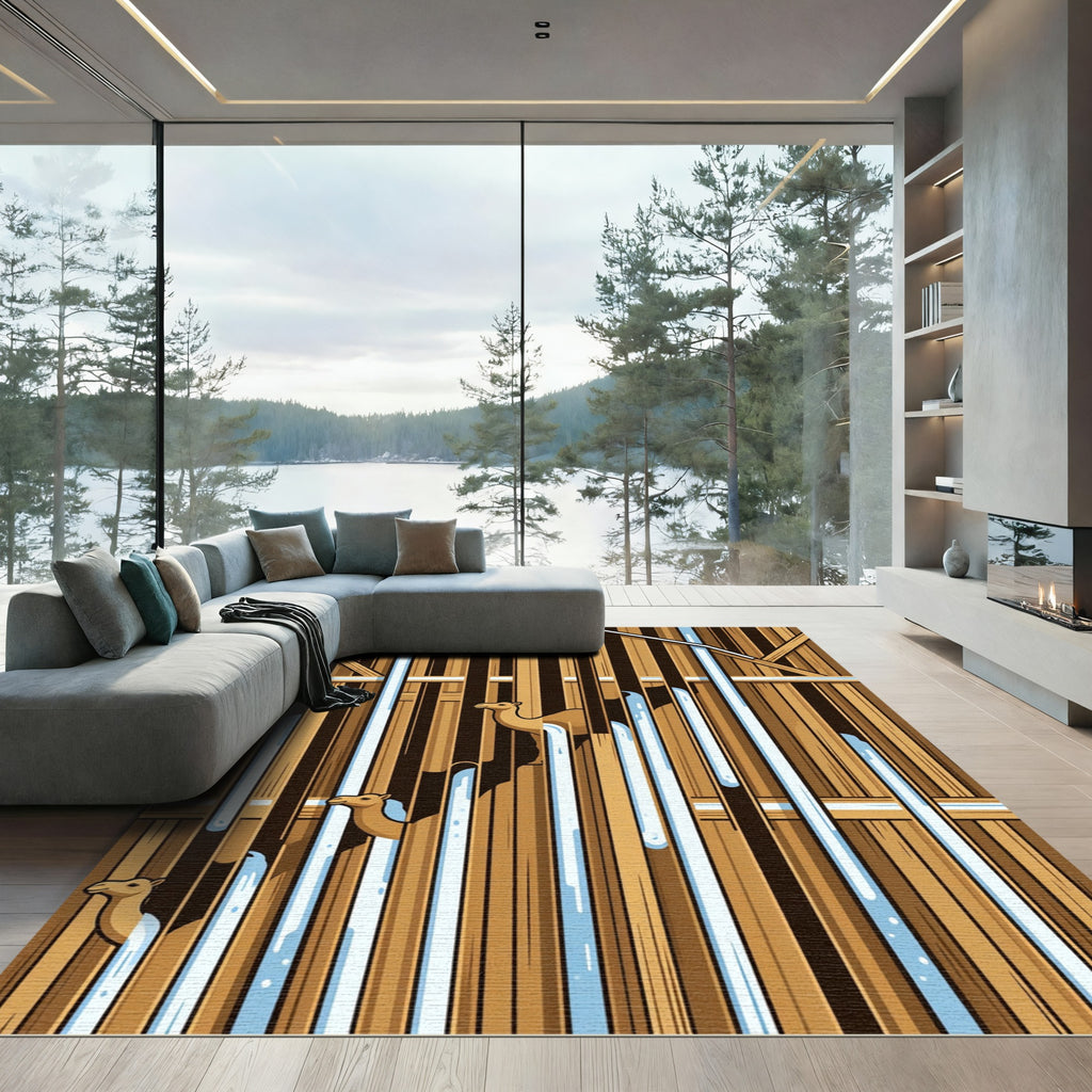 Geometric Camel Silhouette Vertical Stripe Ivory Tan Rug