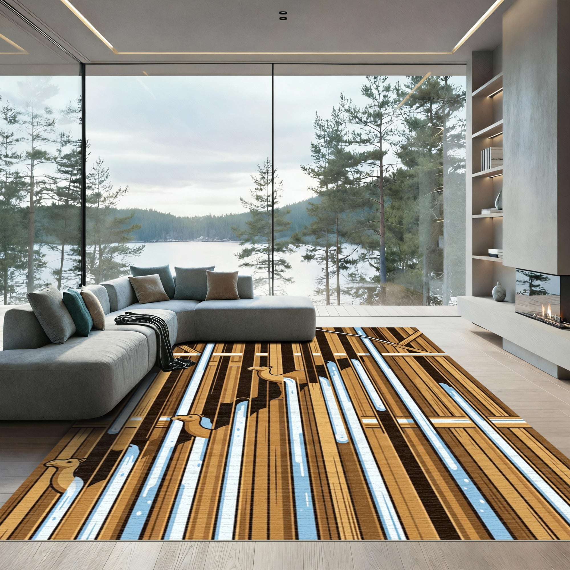 Geometric Camel Silhouette Vertical Stripe Ivory Tan Rug