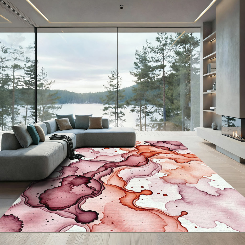 Crimson Rose Fluid Marble Swirl Rug
