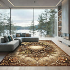 Ornate Golden Fleur-de-lis Rose Scrollwork Rug