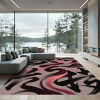 Dark Crimson Abstract Ink Brush Swirl Rug