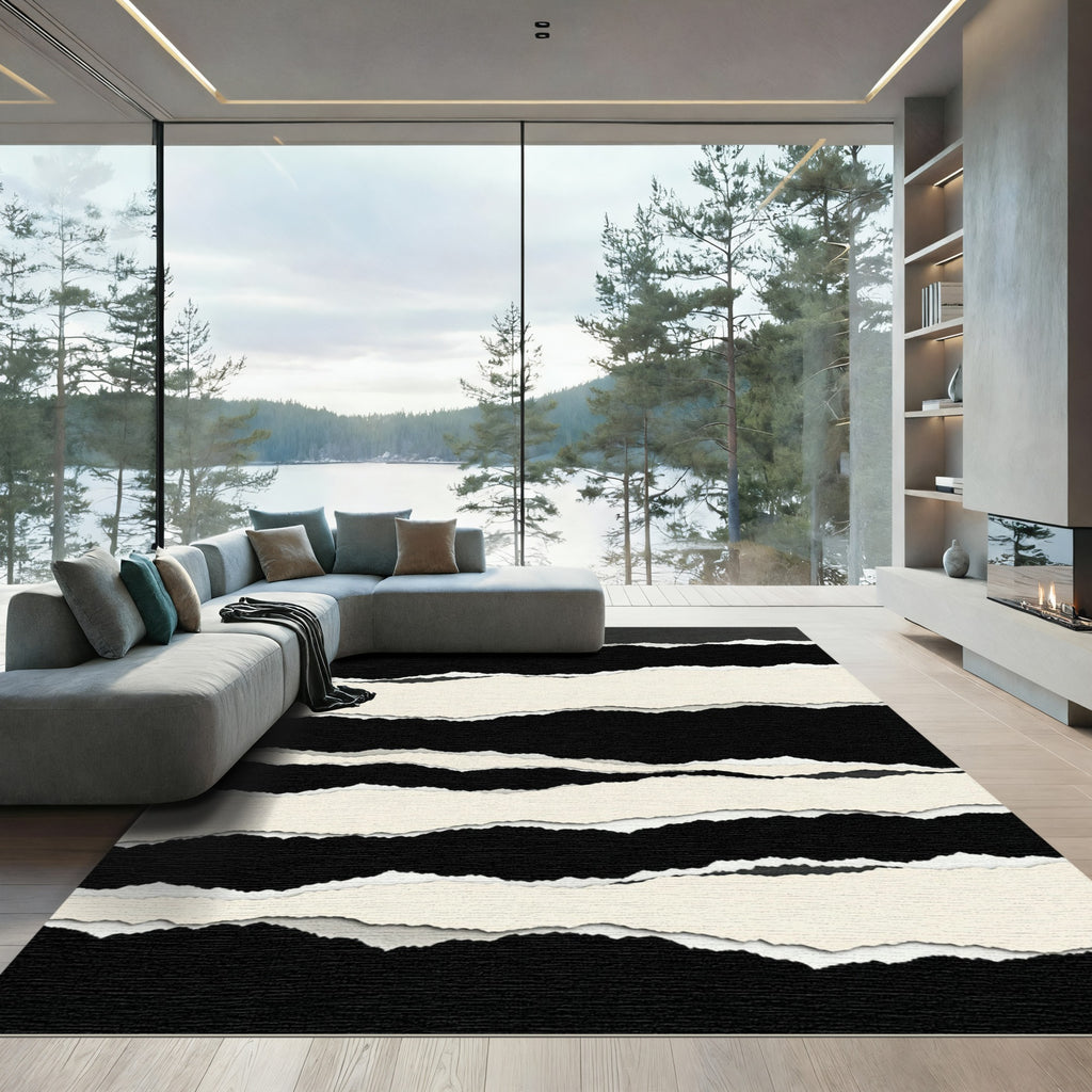 Minimalist Black and Cream Torn Stripe Rug