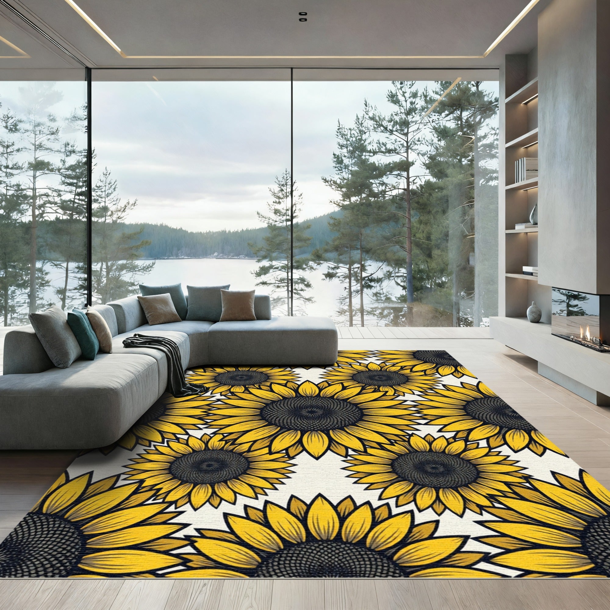 Vibrant Golden Sunflower Floral Tile Rug
