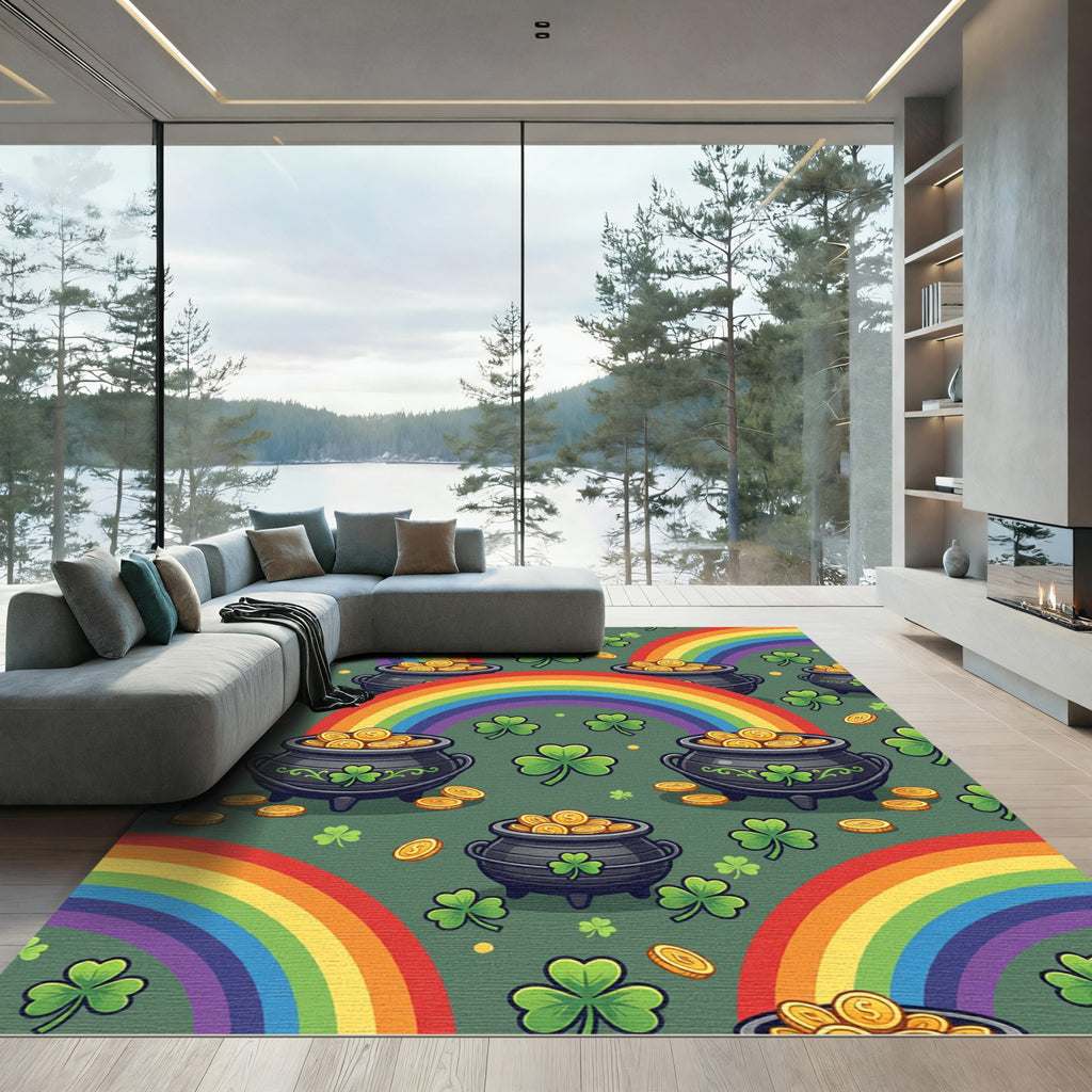 Whimsical Leprechaun Rainbow Clover Gold Rug
