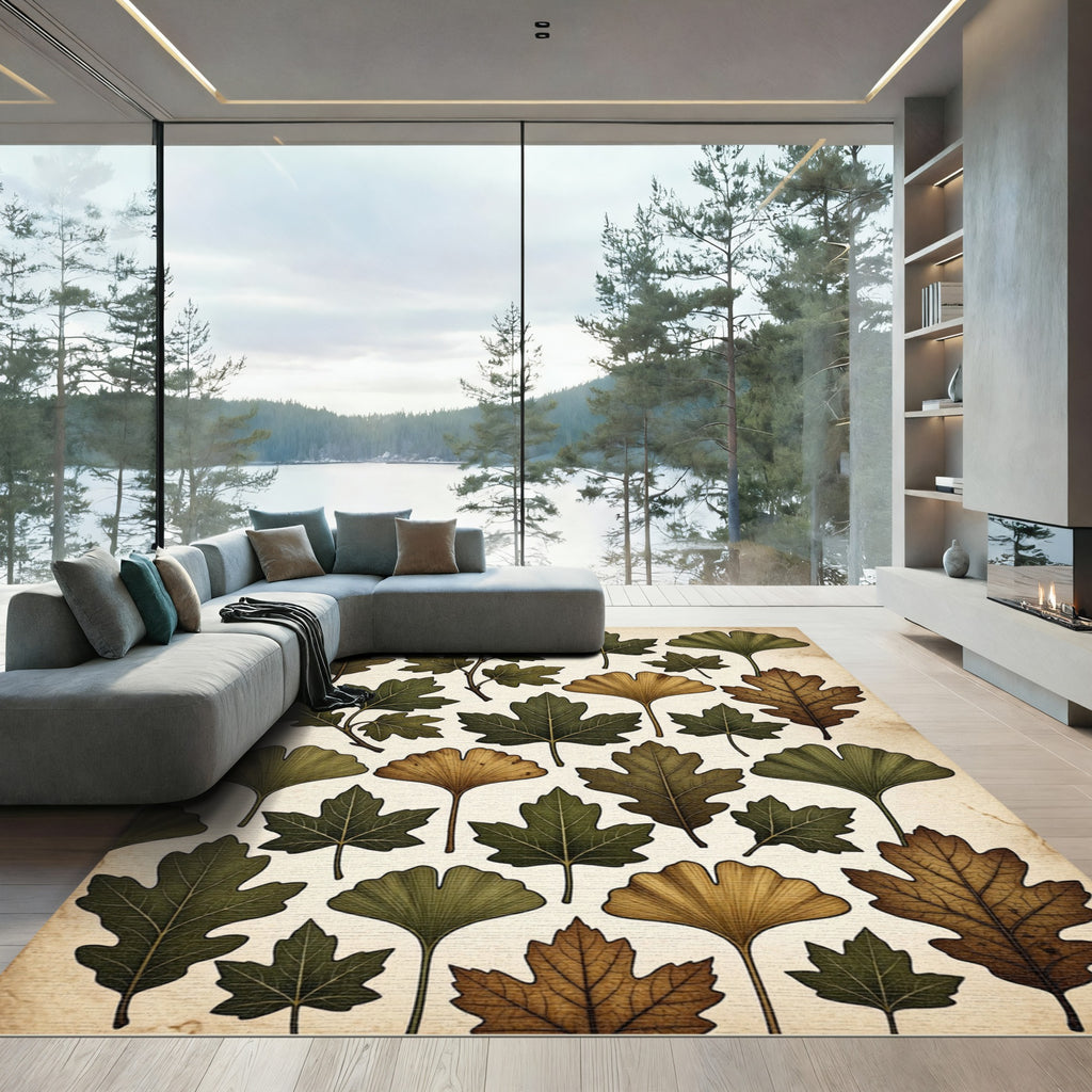 Earthy Autumnal Botanical Forest Leaf Collection Rug
