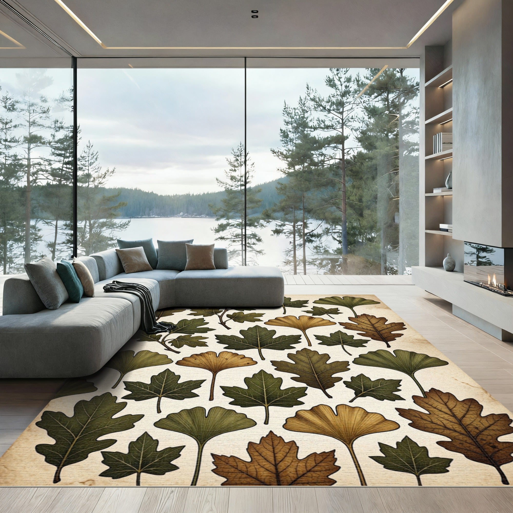 Earthy Autumnal Botanical Forest Leaf Collection Rug