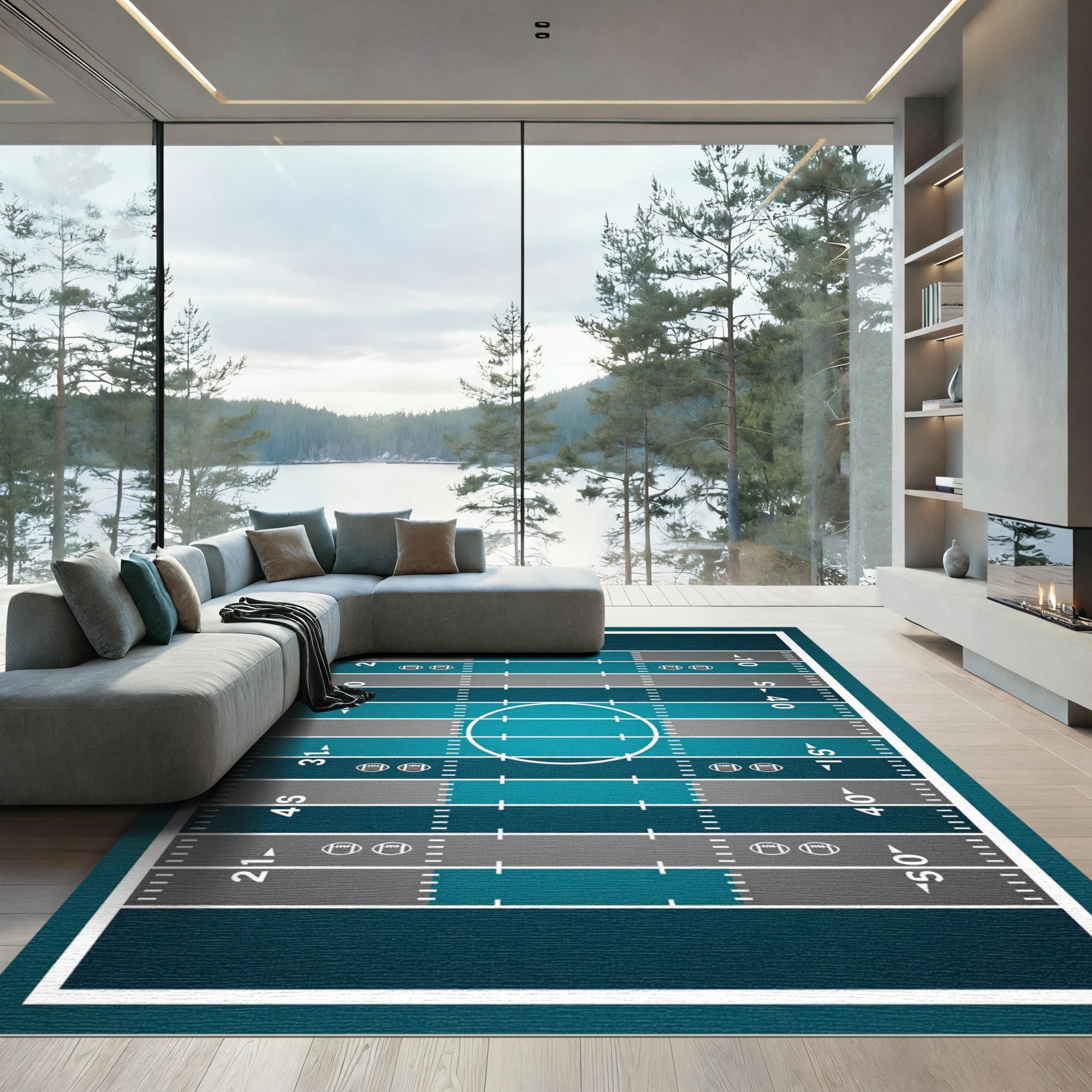 Teal and Gray Athletic Grid Field Rug