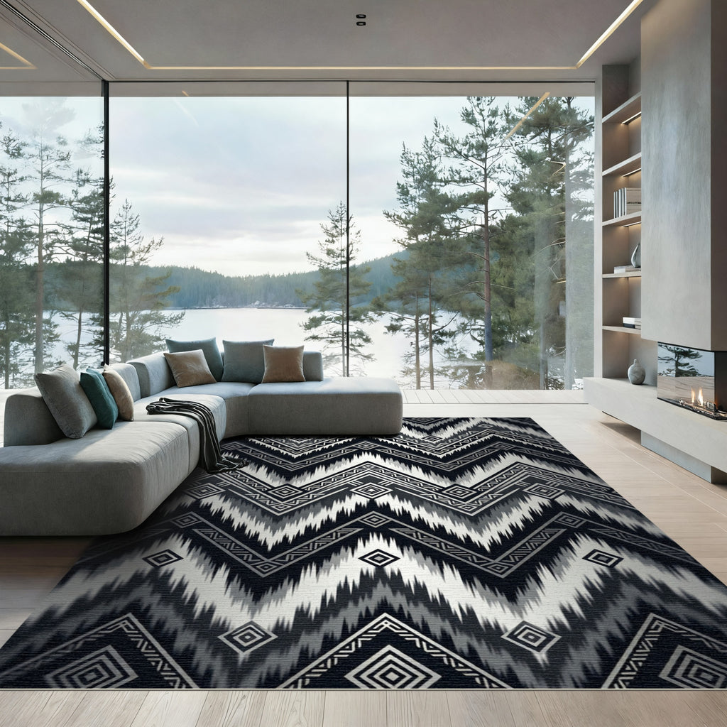 Monochromatic Geometric Zigzag Tribal Chevron Rug