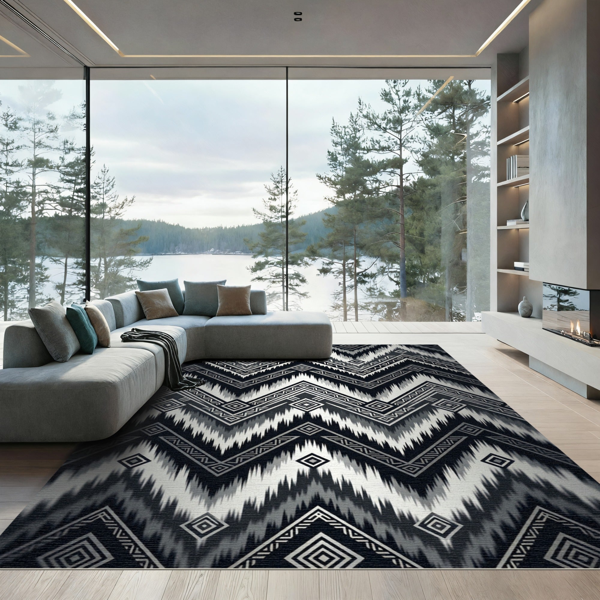 Monochromatic Geometric Zigzag Tribal Chevron Rug