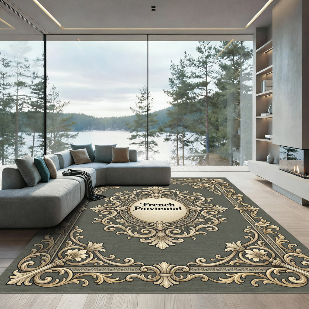 Ornate Golden Floral Scrollwork Frame Rug